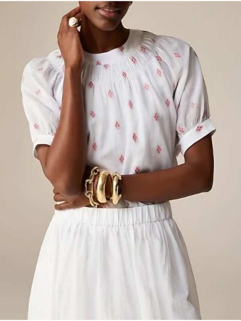 J.Crew Womens White Gauzy Top Smocked Neck Short Sleeve Red Embroidered Dots XXS - Picture 11 of 12